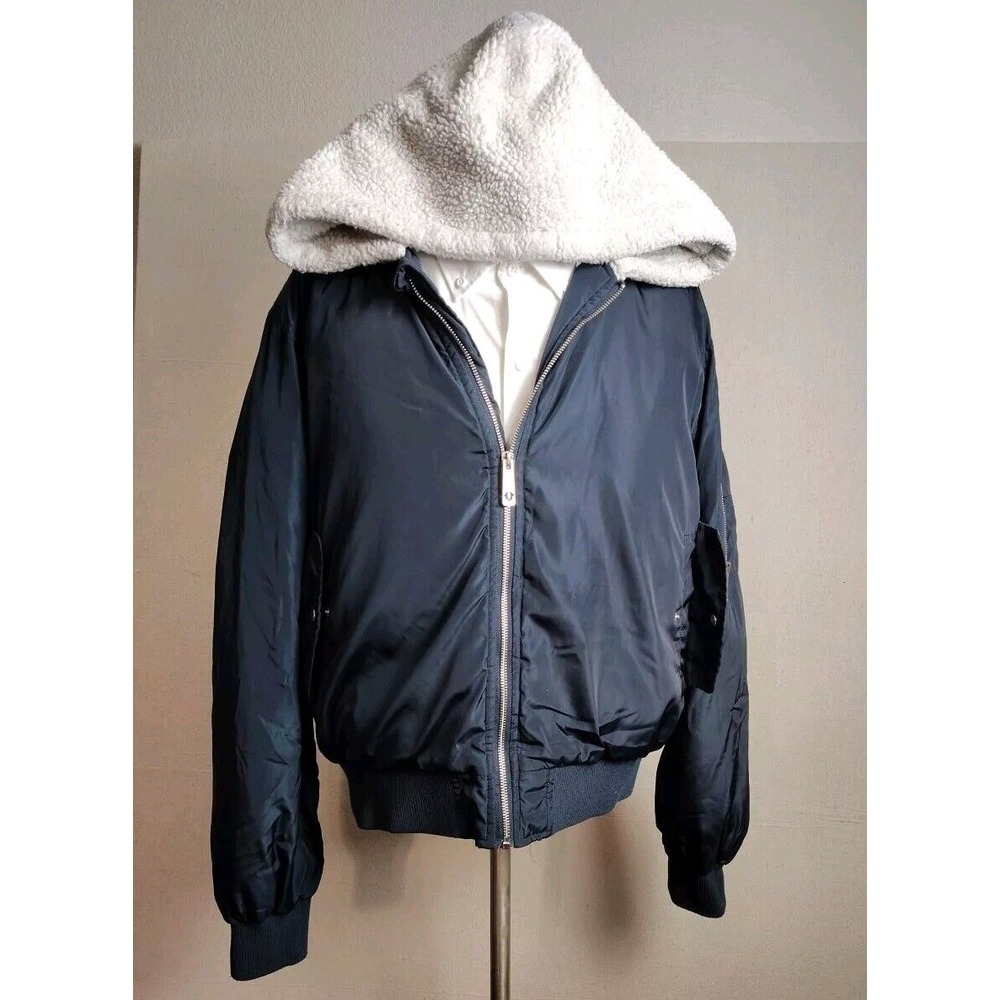 Mens True Religion Sherpa Hooded Coat‎ Large Mid Length Black Y2K Hip Hop